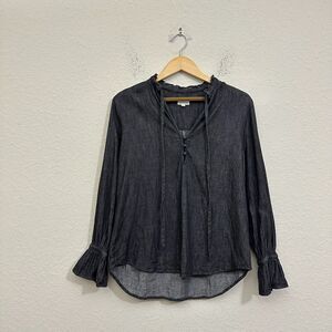 AG ADRIANO GOLDSCHMIED Lottie LS Top Black Denim Split Neck Gothic